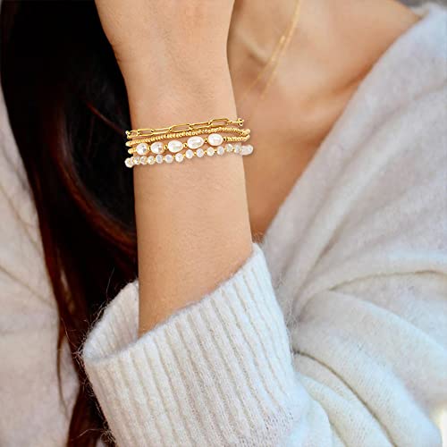 Pymach Dainty Gold Pearl Crystal Beaded Bracelets Set for Women 14K Real Gold Plated Bead Pearl Crystal Beads Bracelet Stake Paperclip Link Chain Bracelets Gold Bracelets for Women Trendy Jewelry
