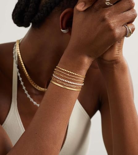 DEARMAY Dainty Gold Bracelets for Women Trendy 14K Real Gold Plated Tennis Jewelry Set Waterproof Fashion Stackable Beaded Figaro Herringbone Paperclip Link Chain Bracelet Pack Stack Gifts for Womens