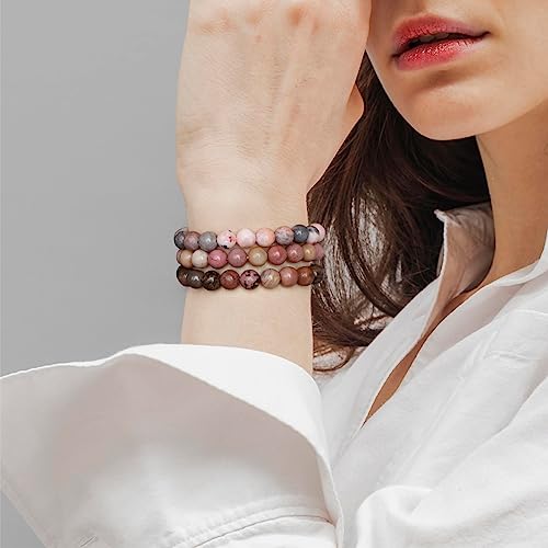 Risyfjew 3 PCS Healing Crystal Bracelets Women 8mm Natural Stone Beaded Stretch Bracelet Pink Zebra Jasper Jewelry Gifts