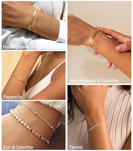 DEARMAY Dainty Gold Bracelets for Women Trendy 14K Real Gold Plated Tennis Jewelry Set Waterproof Fashion Stackable Beaded Figaro Herringbone Paperclip Link Chain Bracelet Pack Stack Gifts for Womens