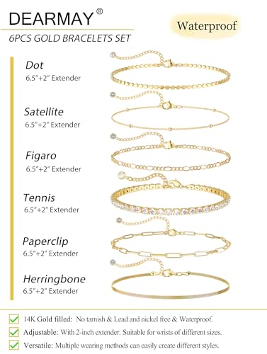 DEARMAY Dainty Gold Bracelets for Women Trendy 14K Real Gold Plated Tennis Jewelry Set Waterproof Fashion Stackable Beaded Figaro Herringbone Paperclip Link Chain Bracelet Pack Stack Gifts for Womens