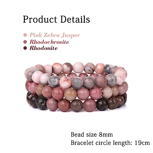 Risyfjew 3 PCS Healing Crystal Bracelets Women 8mm Natural Stone Beaded Stretch Bracelet Pink Zebra Jasper Jewelry Gifts