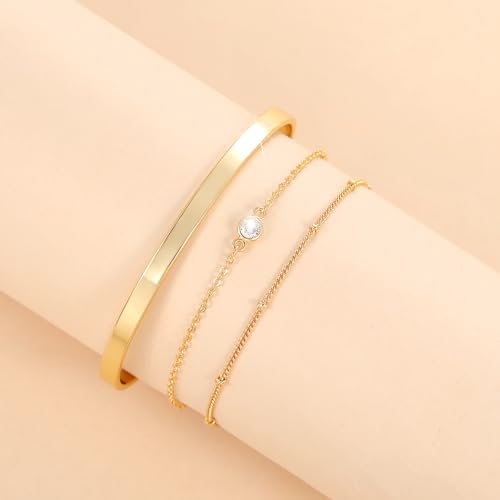Moodear Gold Bracelet Sets for Women 14K Gold Plated Dainty Beaded Bracelets Stack Adjustable Layered Gold Link Bracelet Crystal Center Bracelet Cuff Bangle Set Fashion Jewelry