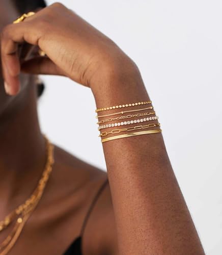 DEARMAY Dainty Gold Bracelets for Women Trendy 14K Real Gold Plated Tennis Jewelry Set Waterproof Fashion Stackable Beaded Figaro Herringbone Paperclip Link Chain Bracelet Pack Stack Gifts for Womens