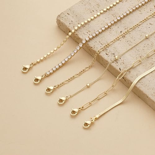 DEARMAY Dainty Gold Bracelets for Women Trendy 14K Real Gold Plated Tennis Jewelry Set Waterproof Fashion Stackable Beaded Figaro Herringbone Paperclip Link Chain Bracelet Pack Stack Gifts for Womens