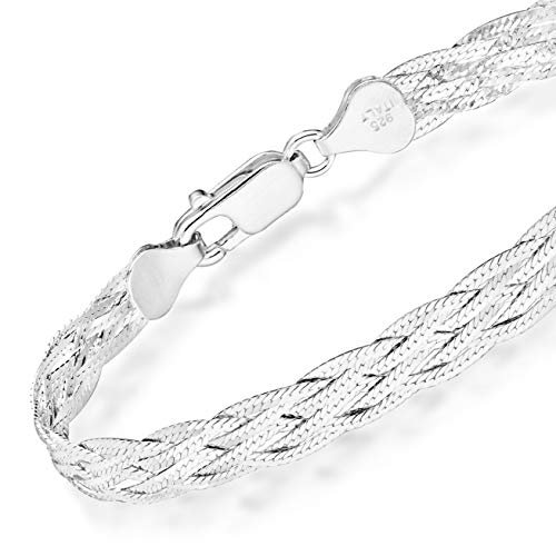 Miabella 925 Sterling Silver Italian 6-Strand Diamond-Cut 7mm Braided Herringbone Chain Bracelet for Women, 925 Italy (Length 6.5 Inches (Extra Small))