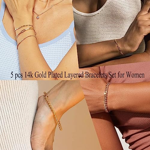 Gokeey Gold Bracelets Jewelry Gifts Set for Women Fashion Dainty Gold Adjustable Layered Link Chain Bracelet Pack for Women 14K Real Gold Cute 5pcs