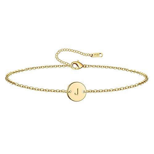 Ovian Initial Charm Bracelet for Women 18K Gold Plated stainless steel Coin Disc Engraved Letter J Bracelet Personalized Monogram Name Bracelet for Girls