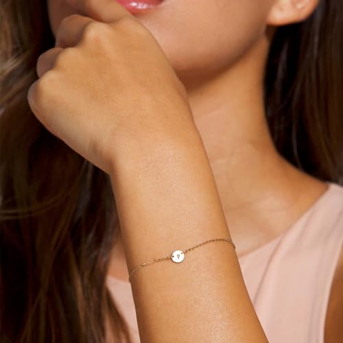 Ovian Initial Charm Bracelet for Women 18K Gold Plated stainless steel Coin Disc Engraved Letter J Bracelet Personalized Monogram Name Bracelet for Girls