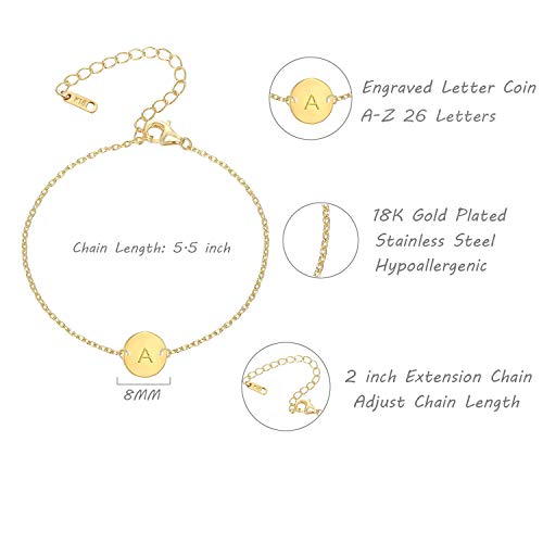Ovian Initial Charm Bracelet for Women 18K Gold Plated stainless steel Coin Disc Engraved Letter J Bracelet Personalized Monogram Name Bracelet for Girls
