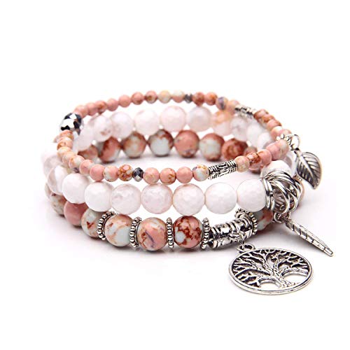 Tree of Life Turquoise Jasper & Tibetan Agate Gemstone Chakra Beaded Bracelet | Beach Charm Bracelet Set - Ocean Jewelry (Brownish Yellow)
