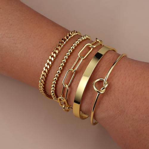 AOZEL Gold Bangle Bracelets Stack Gold Jewelry for Women Trendy 14K Gold Plated Cuff Bracelet Accessories Set for Women