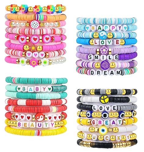 LUYI 32 Pcs Preppy Jewelry Bracelets for Women Clay Bead Colorful Surfer Heishi Bracelet Set Stackable Beaded Friendship Stretch Bracelets Boho Y2K Summer Beach Elastic Layering Bracelets