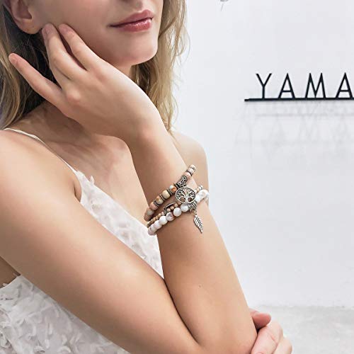 Tree of Life Turquoise Jasper & Tibetan Agate Gemstone Chakra Beaded Bracelet | Beach Charm Bracelet Set - Ocean Jewelry (Brownish Yellow)