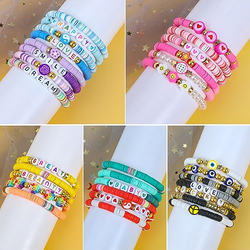 LUYI 32 Pcs Preppy Jewelry Bracelets for Women Clay Bead Colorful Surfer Heishi Bracelet Set Stackable Beaded Friendship Stretch Bracelets Boho Y2K Summer Beach Elastic Layering Bracelets
