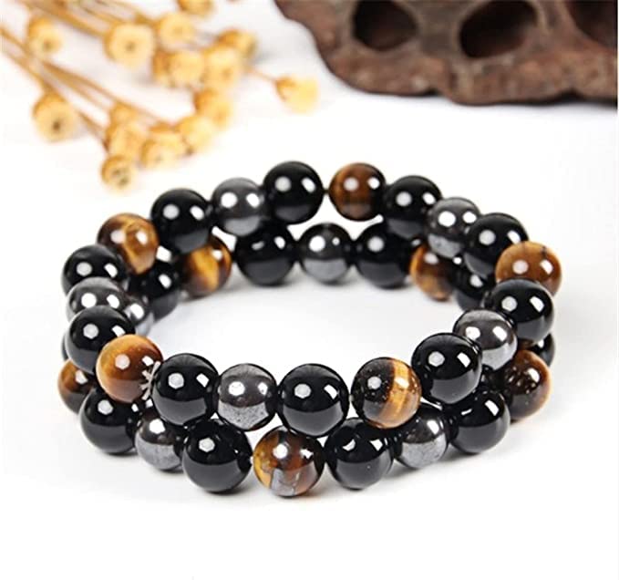 WFJ Black Obsidian Hematite Triple Protection Bracelet Tiger Eye Beads Bracelets for Men and women（10MM）, Set of 2 black,gray 19cm