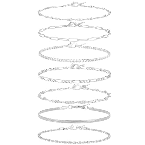 Reoxvo Silver Bracelets for Women Stack 925 Sterling Silver Plated Chain Link Charm Bracelets Set Jewelry for Women Trendy