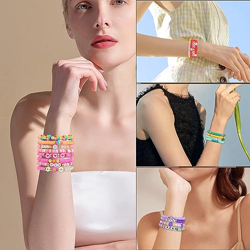 LUYI 32 Pcs Preppy Jewelry Bracelets for Women Clay Bead Colorful Surfer Heishi Bracelet Set Stackable Beaded Friendship Stretch Bracelets Boho Y2K Summer Beach Elastic Layering Bracelets