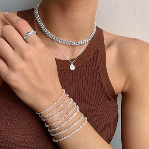 Reoxvo Silver Bracelets for Women Stack 925 Sterling Silver Plated Chain Link Charm Bracelets Set Jewelry for Women Trendy