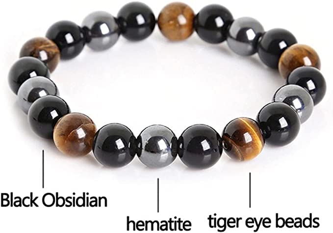 WFJ Black Obsidian Hematite Triple Protection Bracelet Tiger Eye Beads Bracelets for Men and women（10MM）, Set of 2 black,gray 19cm