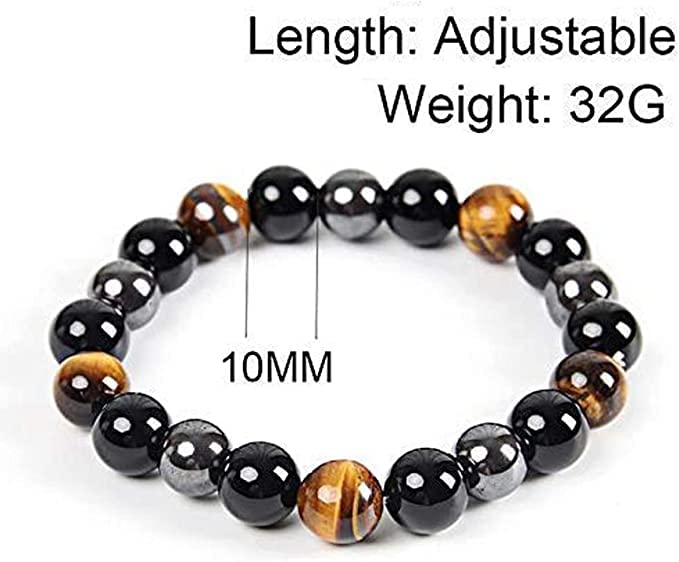 WFJ Black Obsidian Hematite Triple Protection Bracelet Tiger Eye Beads Bracelets for Men and women（10MM）, Set of 2 black,gray 19cm