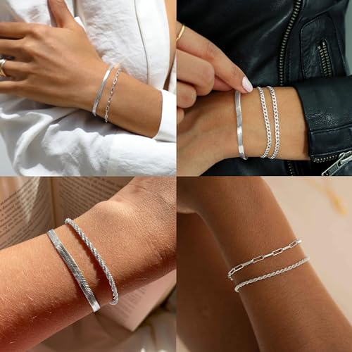 Reoxvo Silver Bracelets for Women Stack 925 Sterling Silver Plated Chain Link Charm Bracelets Set Jewelry for Women Trendy