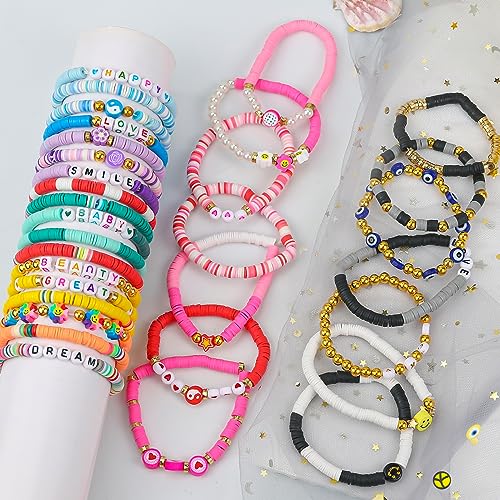 LUYI 32 Pcs Preppy Jewelry Bracelets for Women Clay Bead Colorful Surfer Heishi Bracelet Set Stackable Beaded Friendship Stretch Bracelets Boho Y2K Summer Beach Elastic Layering Bracelets