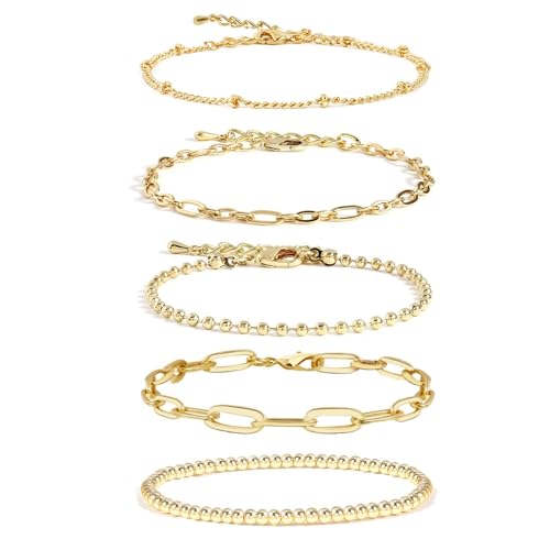 Gold Chain Bracelet For Women Stakeble 14K Gold Link Dainty Bracelets Stake Adjustable Layered Bracelet 5PCS Set Hypoallergen Gold Jewelry