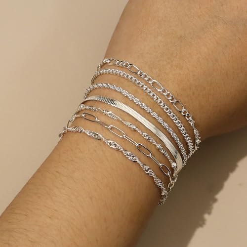 Reoxvo Silver Bracelets for Women Stack 925 Sterling Silver Plated Chain Link Charm Bracelets Set Jewelry for Women Trendy