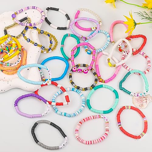 LUYI 32 Pcs Preppy Jewelry Bracelets for Women Clay Bead Colorful Surfer Heishi Bracelet Set Stackable Beaded Friendship Stretch Bracelets Boho Y2K Summer Beach Elastic Layering Bracelets