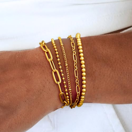 Gold Chain Bracelet For Women Stakeble 14K Gold Link Dainty Bracelets Stake Adjustable Layered Bracelet 5PCS Set Hypoallergen Gold Jewelry