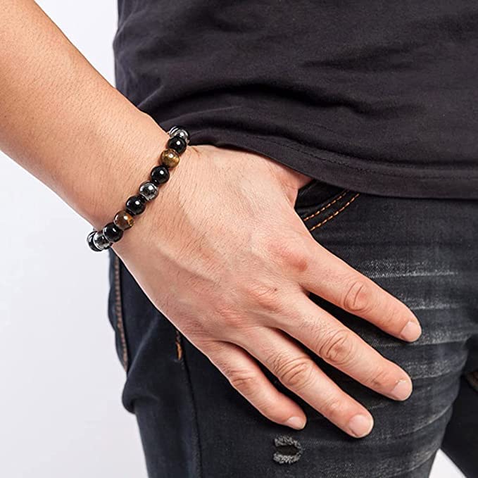 WFJ Black Obsidian Hematite Triple Protection Bracelet Tiger Eye Beads Bracelets for Men and women（10MM）, Set of 2 black,gray 19cm