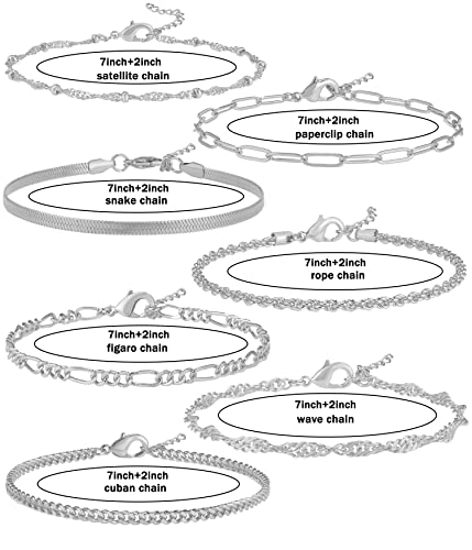 Reoxvo Silver Bracelets for Women Stack 925 Sterling Silver Plated Chain Link Charm Bracelets Set Jewelry for Women Trendy