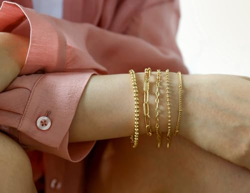 Gold Chain Bracelet For Women Stakeble 14K Gold Link Dainty Bracelets Stake Adjustable Layered Bracelet 5PCS Set Hypoallergen Gold Jewelry