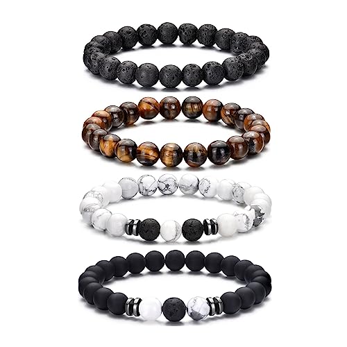 Hipwope Bracelets for Men, Black Beads Bracelets Mens Bracelet Elastic Men's Bracelet Lava Rock Bracelets Tiger Eye Bracelet Men Bracelets, Beaded Bracelets for Men
