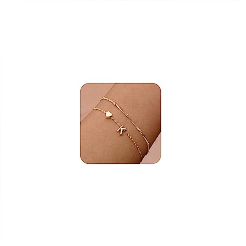 DEARMAY Dainty Gold Charm Bracelets for Women Trendy, 14K Real Gold Initial Heart Letter Bracelet Jewelry Cute Simple Fashion Chain Bracelets for Women Gift K