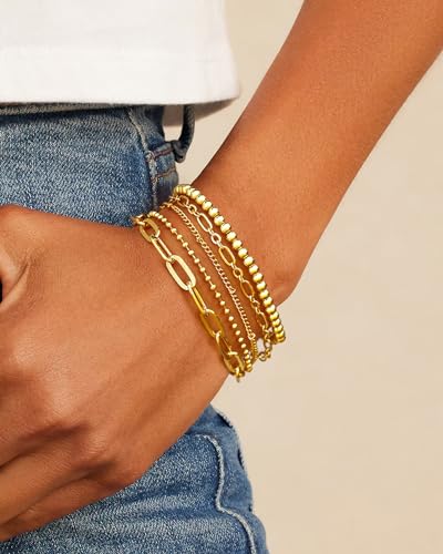 Gold Chain Bracelet For Women Stakeble 14K Gold Link Dainty Bracelets Stake Adjustable Layered Bracelet 5PCS Set Hypoallergen Gold Jewelry