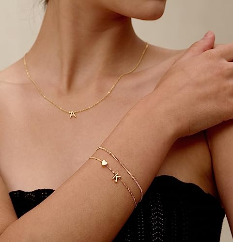 DEARMAY Dainty Gold Charm Bracelets for Women Trendy, 14K Real Gold Initial Heart Letter Bracelet Jewelry Cute Simple Fashion Chain Bracelets for Women Gift K