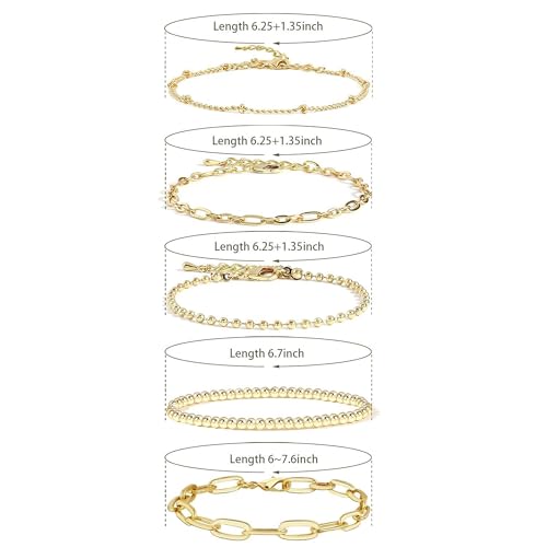 Gold Chain Bracelet For Women Stakeble 14K Gold Link Dainty Bracelets Stake Adjustable Layered Bracelet 5PCS Set Hypoallergen Gold Jewelry
