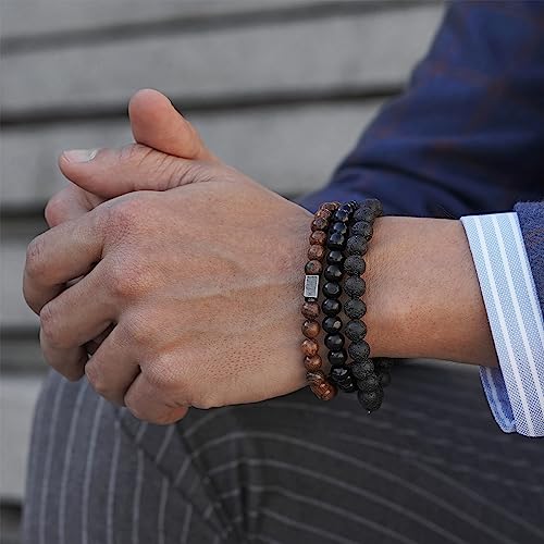 Hipwope Bracelets for Men, Black Beads Bracelets Mens Bracelet Elastic Men's Bracelet Lava Rock Bracelets Tiger Eye Bracelet Men Bracelets, Beaded Bracelets for Men