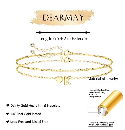 DEARMAY Dainty Gold Charm Bracelets for Women Trendy, 14K Real Gold Initial Heart Letter Bracelet Jewelry Cute Simple Fashion Chain Bracelets for Women Gift K