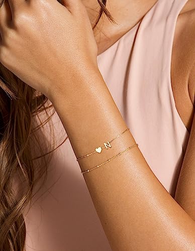 DEARMAY Dainty Gold Charm Bracelets for Women Trendy, 14K Real Gold Initial Heart Letter Bracelet Jewelry Cute Simple Fashion Chain Bracelets for Women Gift K