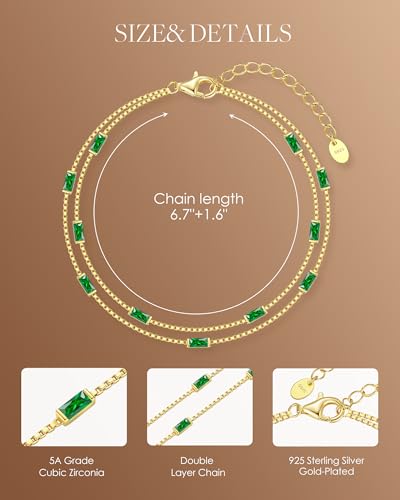 LOUISA SECRET Birthstone Bracelets for Women Girl, 925 Sterling Silver Dainty Simple Women Charm Link Bracelet, Birthday Anniversary Jewelry Gifts for Women Girlfriend Her Wife Mom