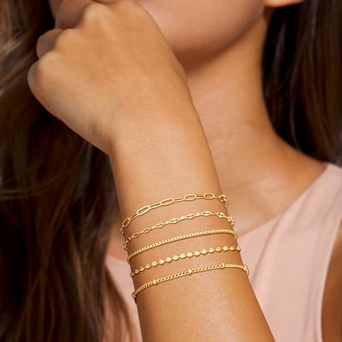 5 Pcs Gold Chain Bracelets Stack for Women Trendy, Dainty 14K Gold Plated Lip Bracelet Adjustable, Thin Dot Link Stackable Bracelets Set for Women