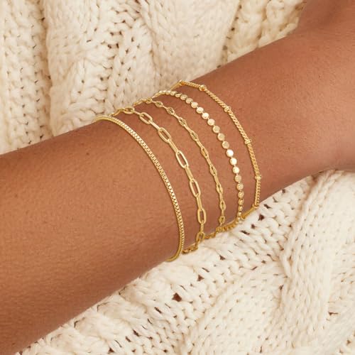 5 Pcs Gold Chain Bracelets Stack for Women Trendy, Dainty 14K Gold Plated Lip Bracelet Adjustable, Thin Dot Link Stackable Bracelets Set for Women