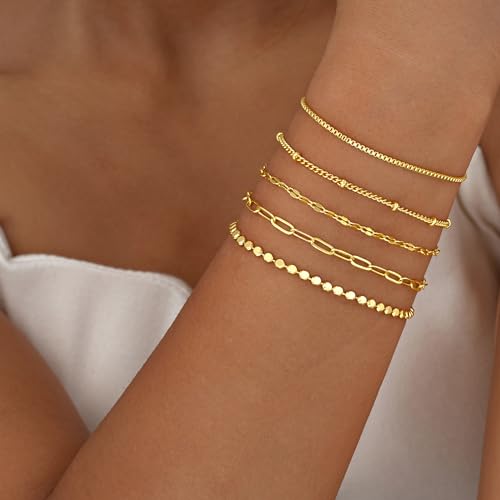 5 Pcs Gold Chain Bracelets Stack for Women Trendy, Dainty 14K Gold Plated Lip Bracelet Adjustable, Thin Dot Link Stackable Bracelets Set for Women