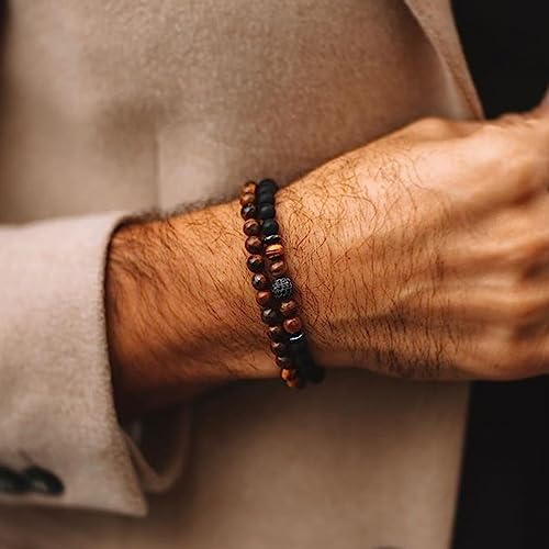 Hipwope Bracelets for Men, Black Beads Bracelets Mens Bracelet Elastic Men's Bracelet Lava Rock Bracelets Tiger Eye Bracelet Men Bracelets, Beaded Bracelets for Men