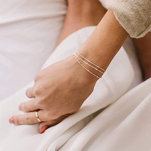 MEVECCO Bracelet for Women Sliver Layered Satellite Chain Bead Sliver Plated Dainty 3 Layer Simple Jewelry Cute for Girls