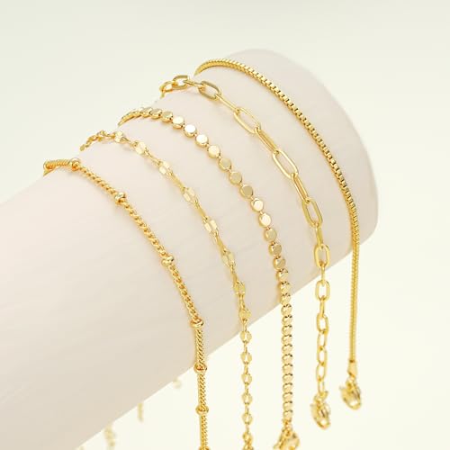 5 Pcs Gold Chain Bracelets Stack for Women Trendy, Dainty 14K Gold Plated Lip Bracelet Adjustable, Thin Dot Link Stackable Bracelets Set for Women