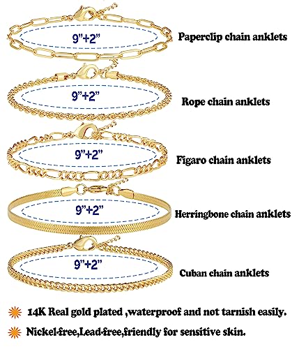 AOZEL Ankle Bracelets for Women Girls 14K Real Gold Plated Anklets for Women Waterproof Gold Link Chain Anklet Bracelet Jewelry Non Tarnish